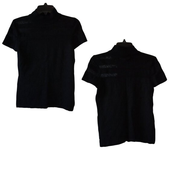 Carmen Marc Valvo,‎ Short Sleeve Mock Neck Sheer Knit Top, Black - Picture 2 of 5
